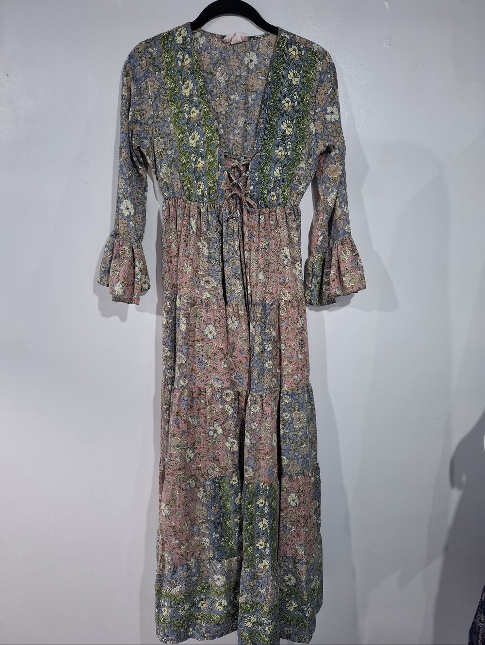 Boemo Lace-Up Tassel Maxi Dress Floral Multi Print S Cottagecore Paisant Layered - Picture 6 of 13